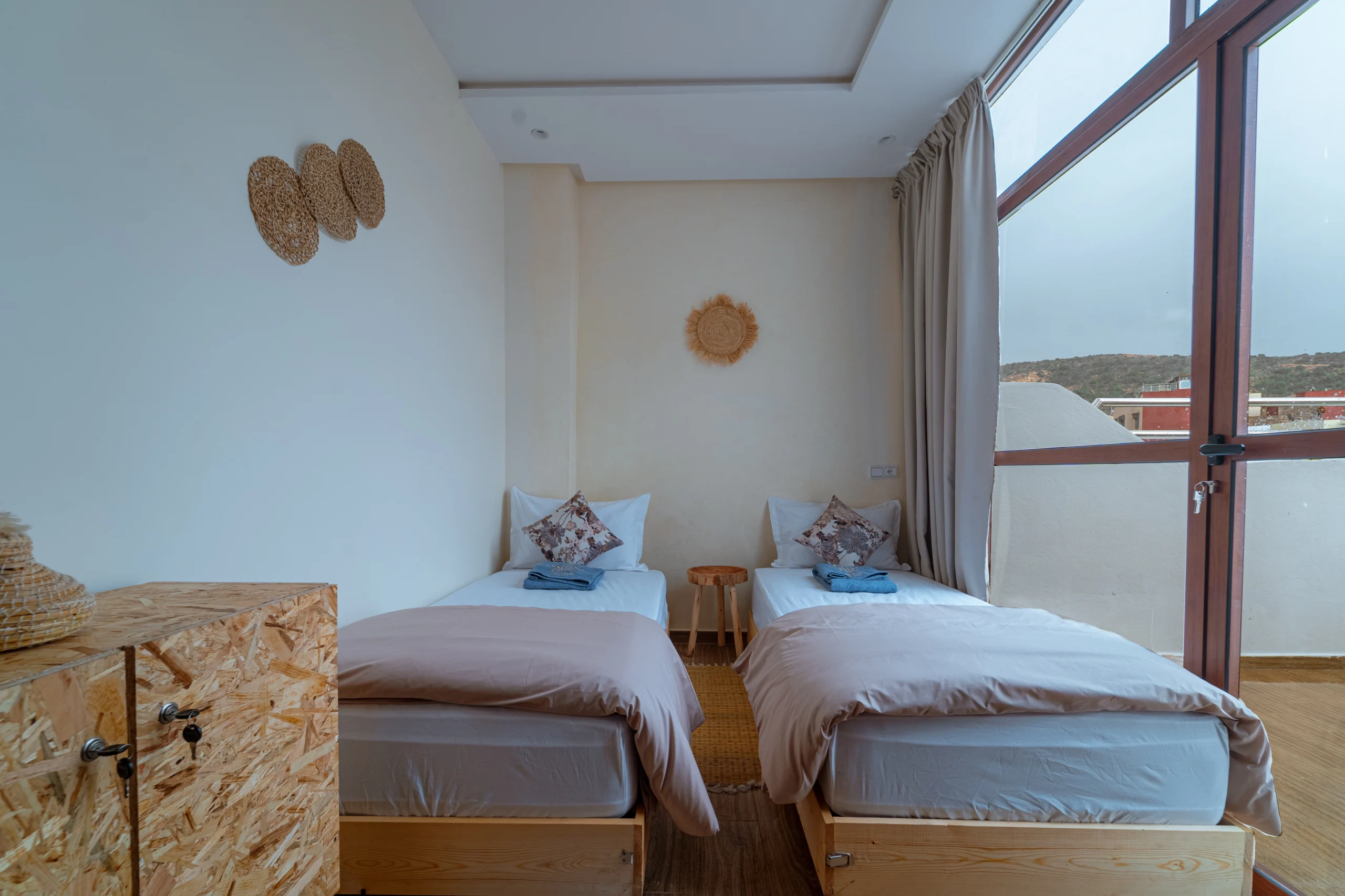 Twin private room at ROOTS Surf House hostel in Anza, Agadir Morocco